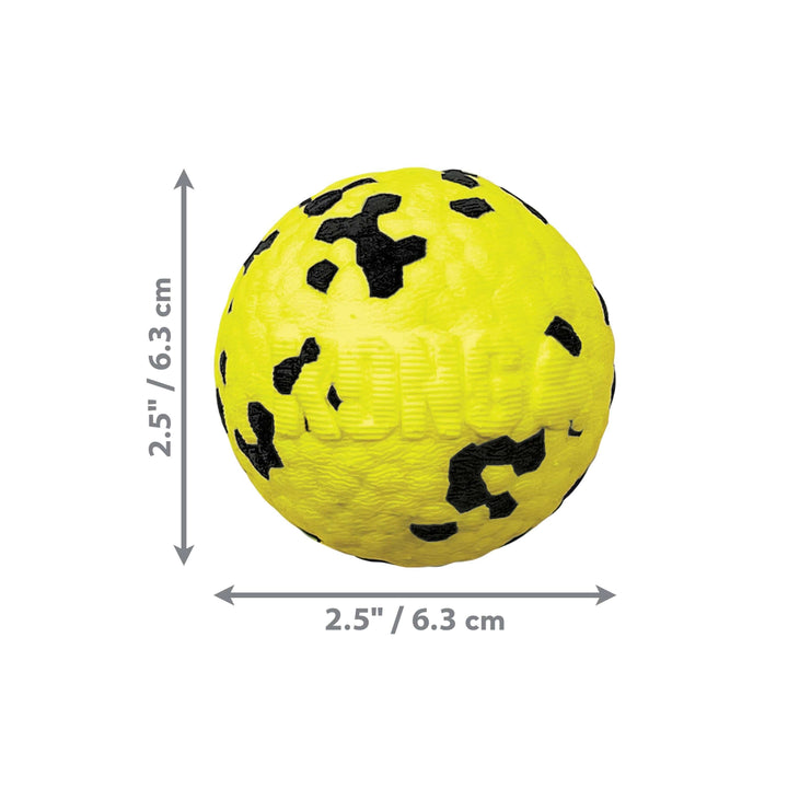 Yellow ball with black patterns and measurements on a white background