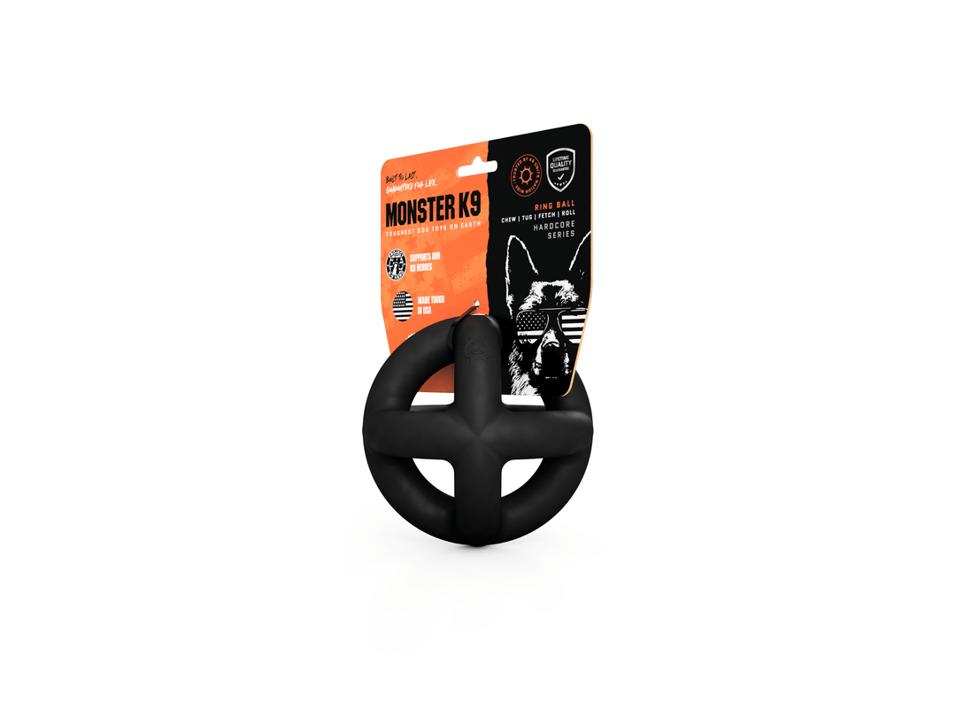 Monster K9 Ring Ball black rubber dog toy shown with product packaging