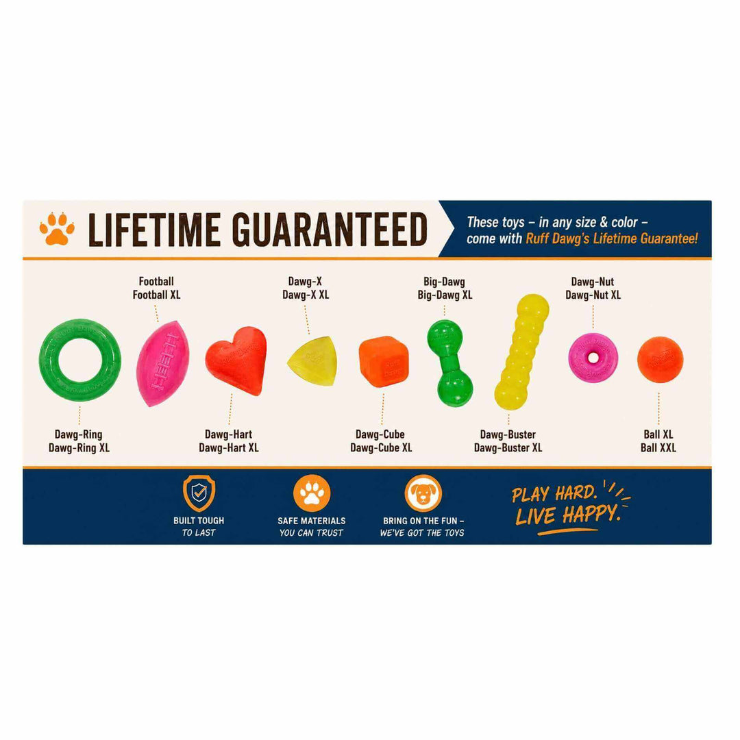 A promotional graphic for Ruff Wear dog toys showing a lineup of colorful dog toys with labels including Football Football XL, Damp-Hart Damp-X XL, Damp-Cube Damp-Cube XL, Damp-Ring Damp-Ring XL, Damp-Hart Damp-Hart XL, Damp-X Damp-X XL, Damp-Cube Damp-Cube XL, Damp-Ring Damp-Ring XL, Damp-Buster Damp-Buster XL, and Ball XL Ball XL. The graphic includes a 'LIFETIME GUARANTEED' banner and product feature icons.