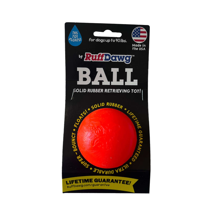 Red rubber ball toy for dogs in Ruff Dawg packaging on a white background