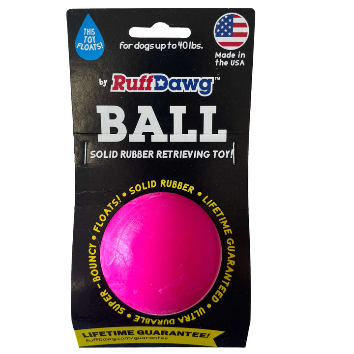 Pink dog ball in Ruff Dawg packaging on a white background