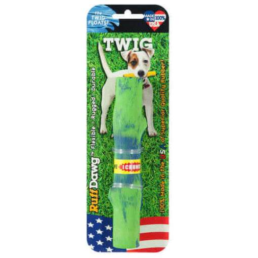 Green dog toy with packaging featuring a dog and American flag design.