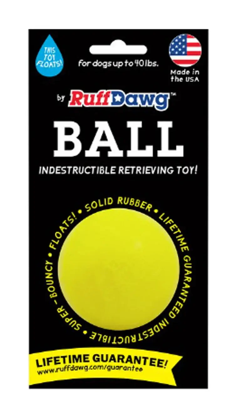 Ruff Dawg indestructible retrieving toy packaging with a yellow ball on a black background