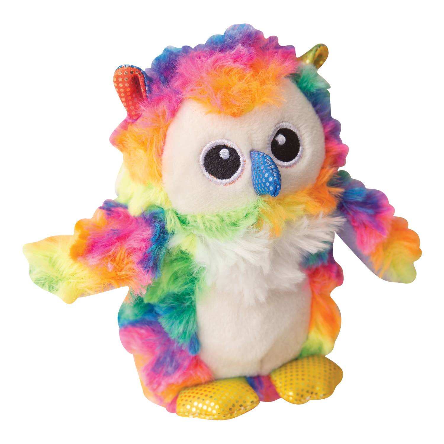 Colorful plush owl toy with rainbow feathers on a white background