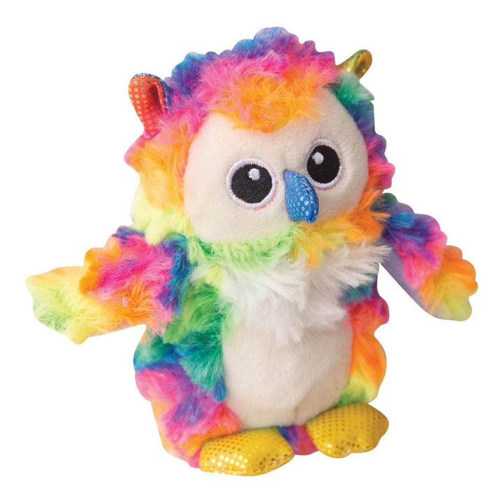 Colorful plush owl toy with rainbow feathers on a white background
