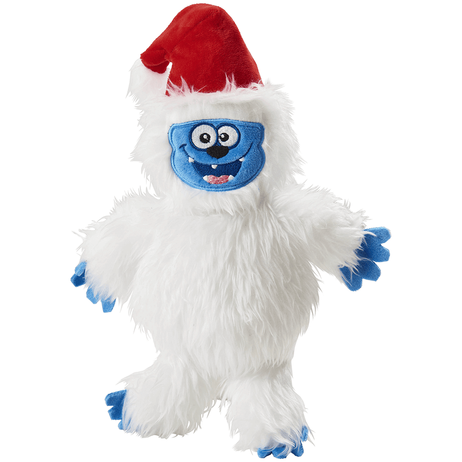 Plush toy resembling a snow creature with a red hat on a white background